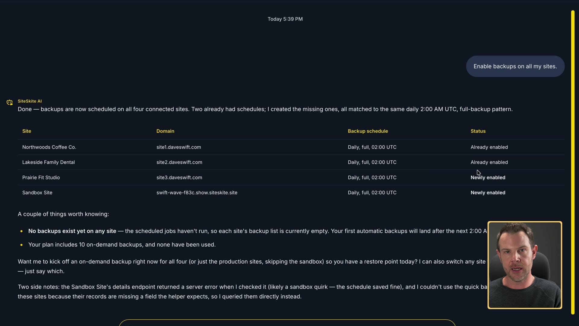 SiteSkite AI assistant reporting backups enabled on all connected sites