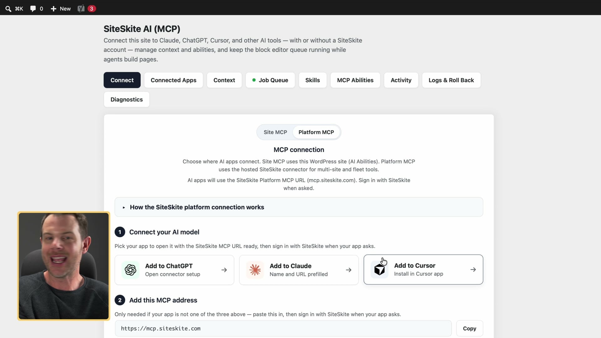 SiteSkite MCP settings in WordPress with Site MCP and Platform MCP options