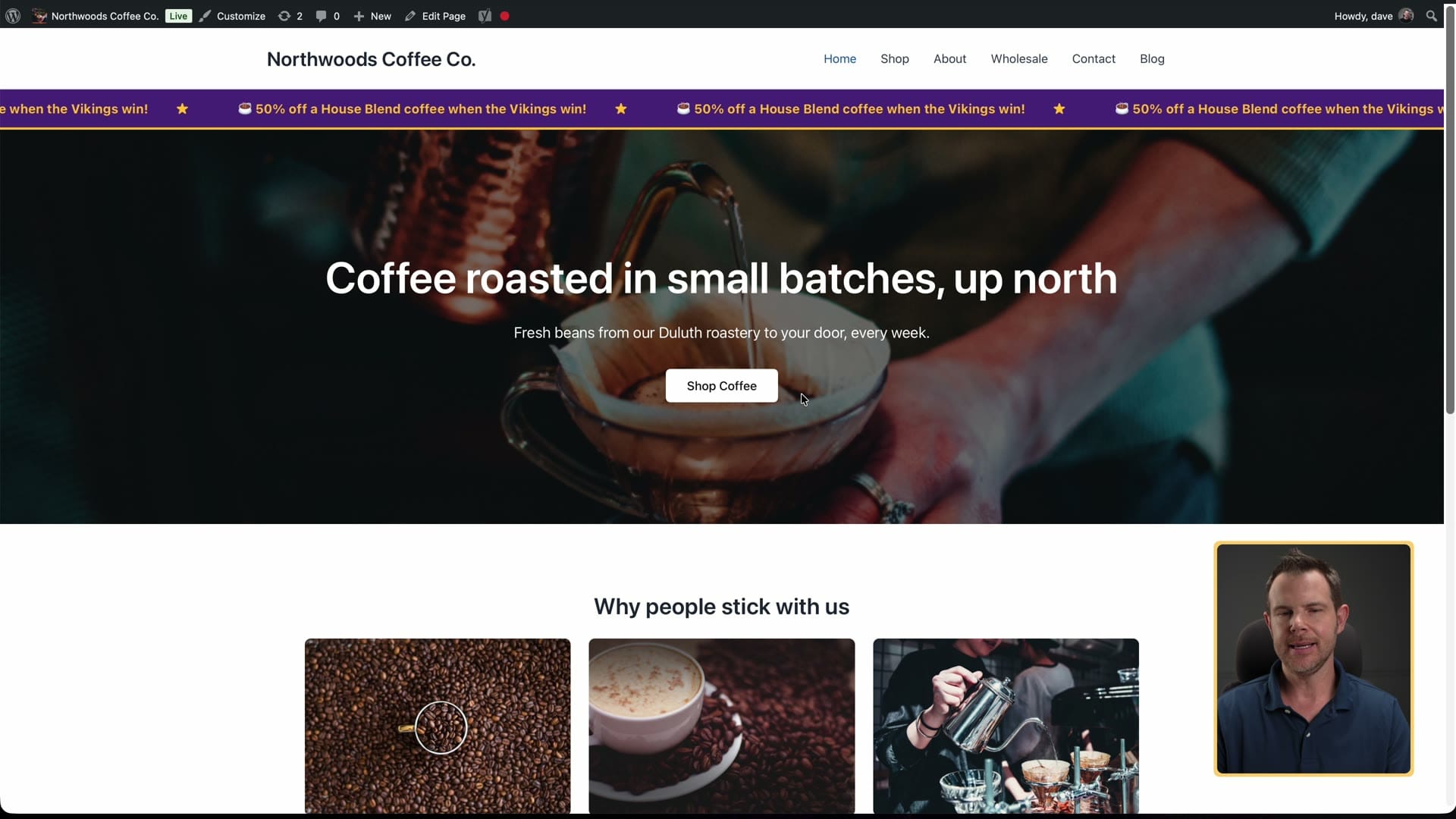 Coffee shop homepage with a purple scrolling banner offering 50% off house blend when the Vikings win