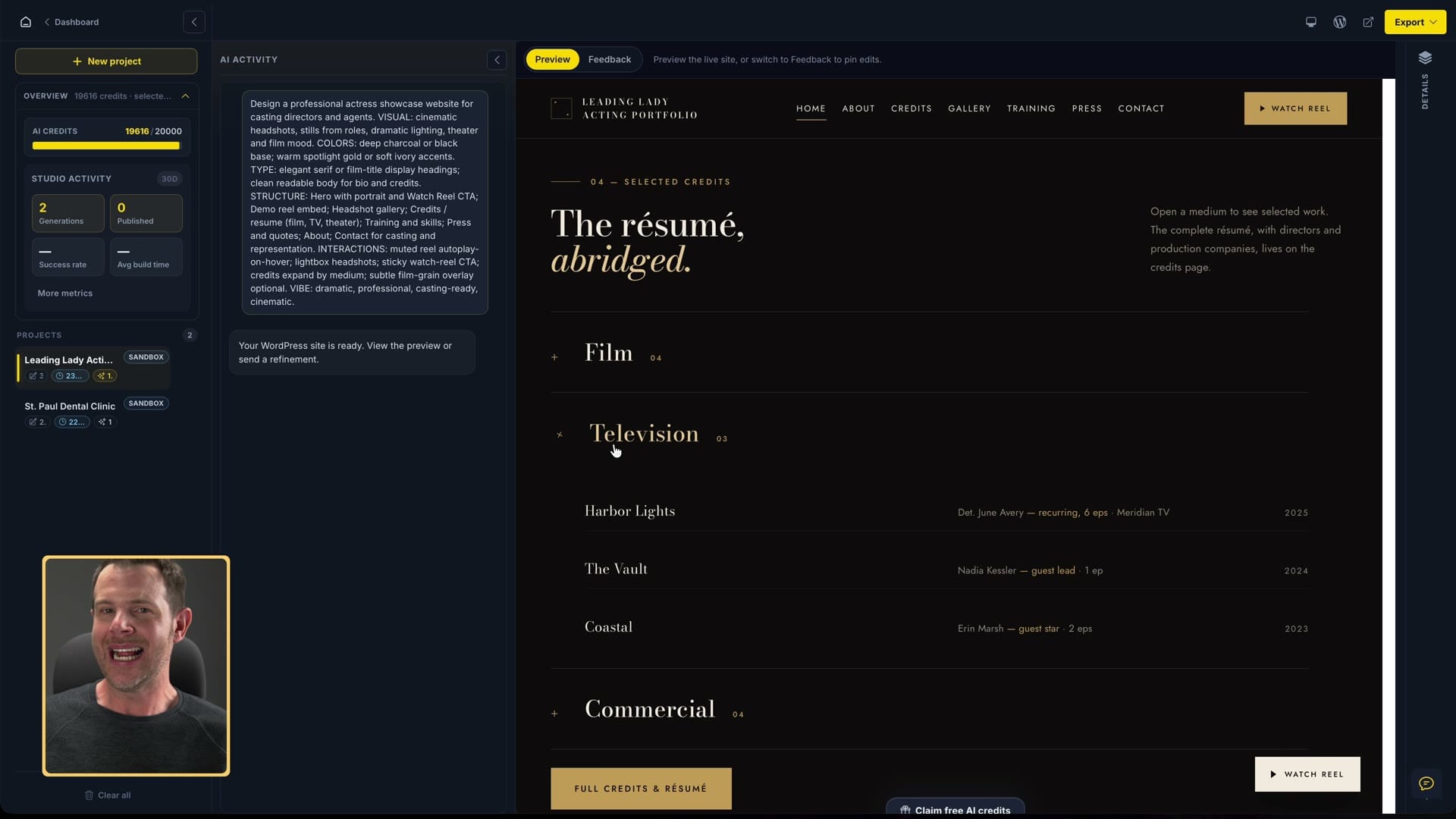 Actress portfolio site built by SiteSkite AI Site Studio with film and television credits