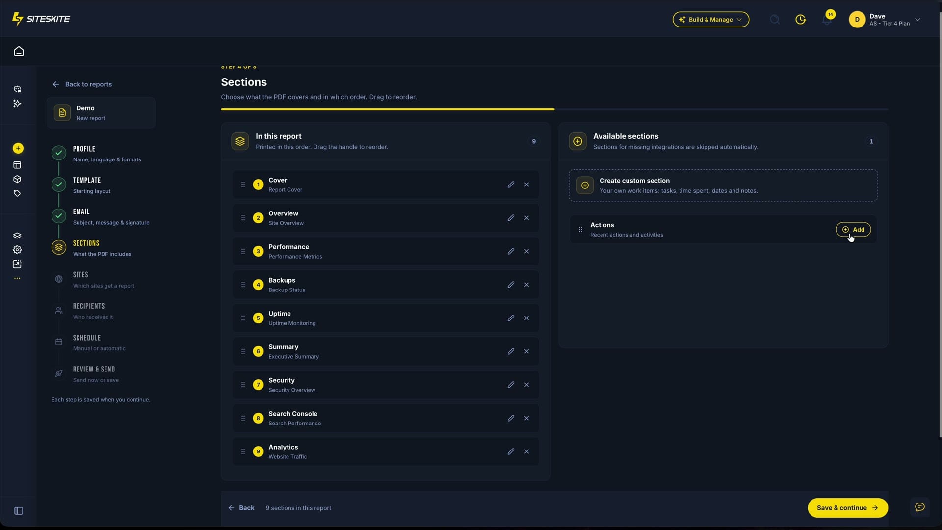 SiteSkite report wizard sections step with summary, security, Search Console and Analytics
