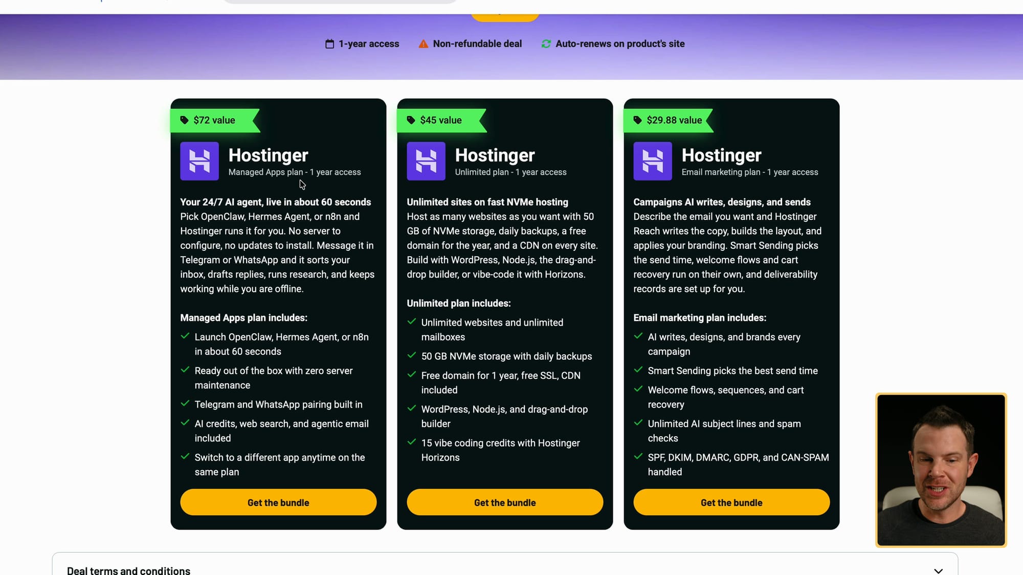 The three plans in the bundle: Managed Apps, Unlimited hosting and Reach email marketing