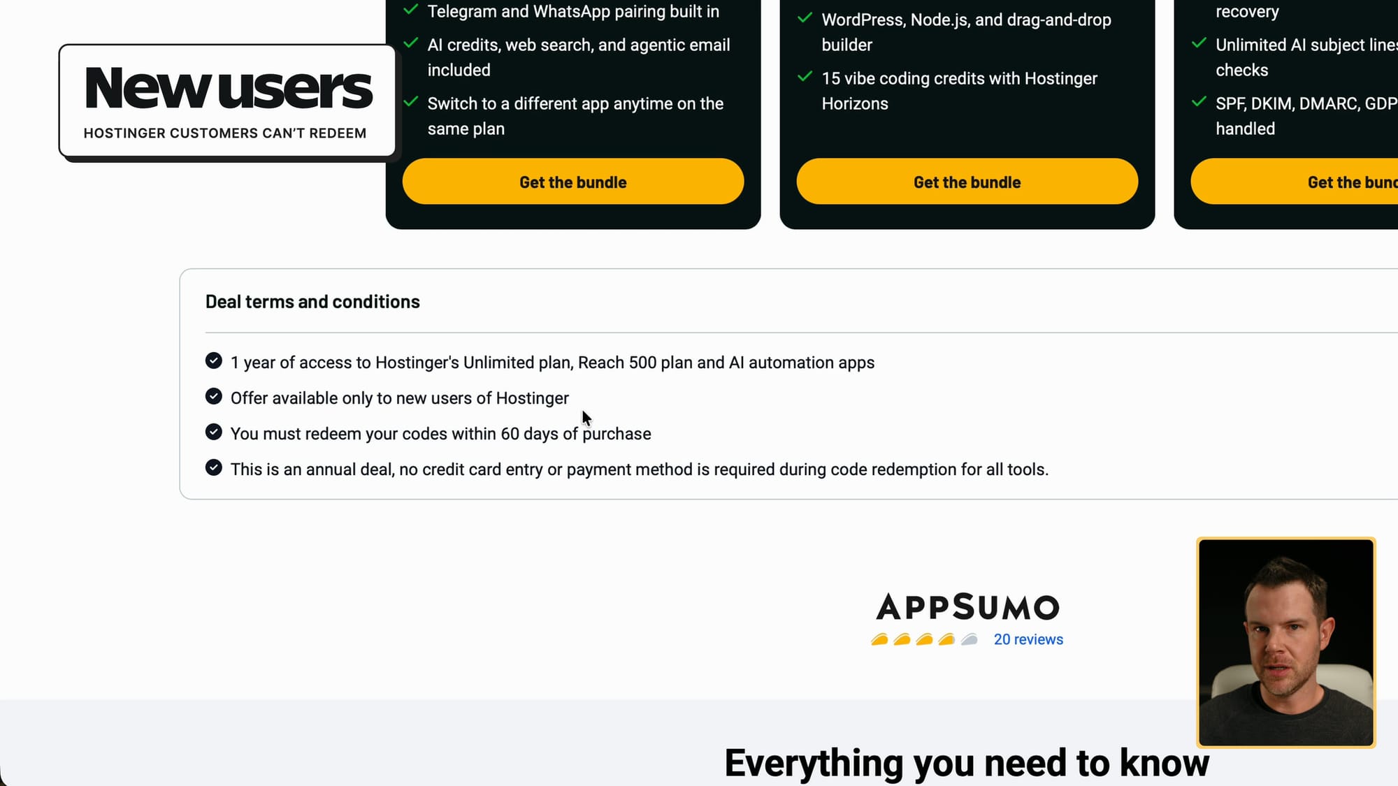 AppSumo's deal terms: one year, new Hostinger users only, redeem within 60 days, no credit card needed