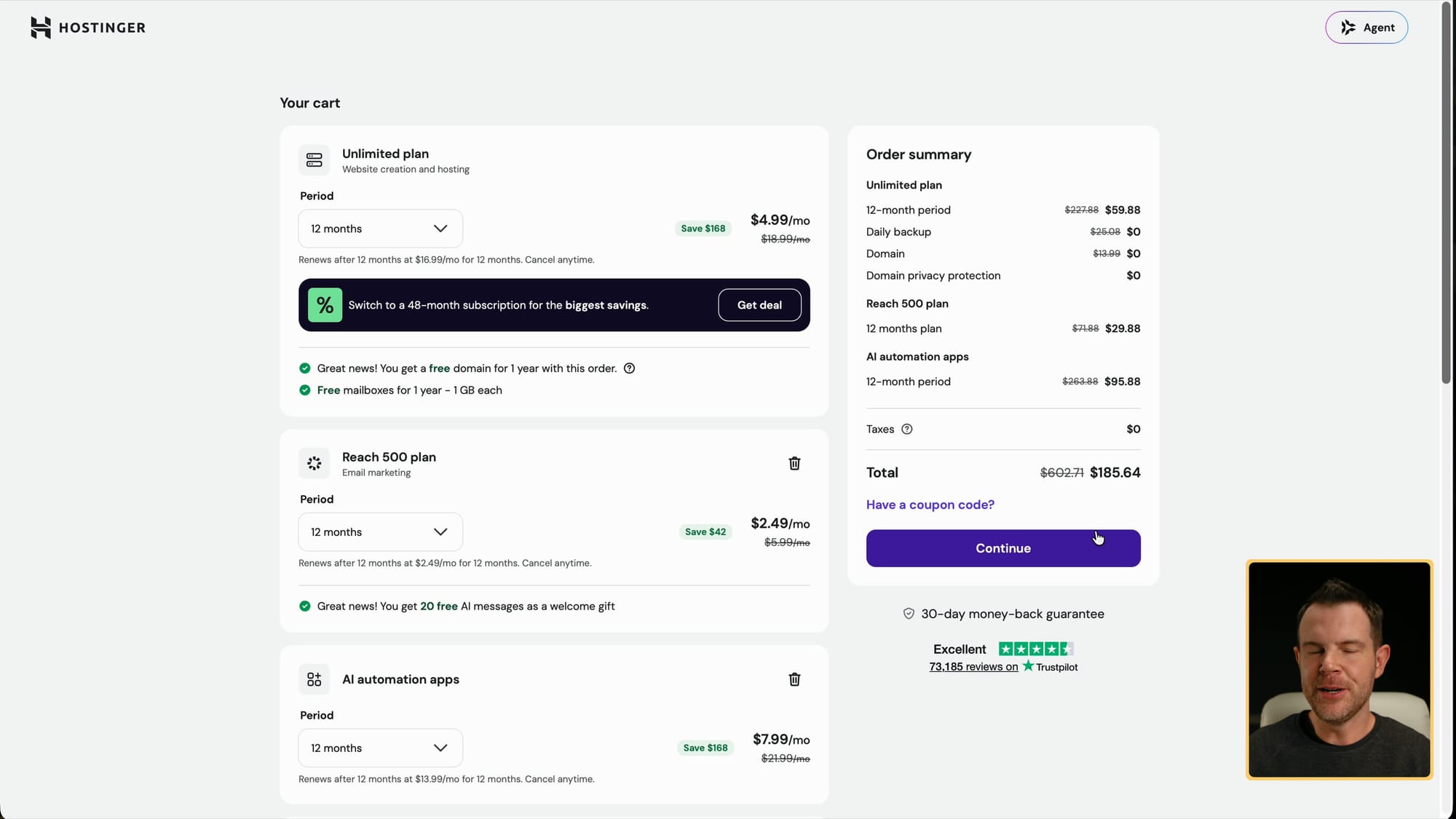 Hostinger's cart before re-applying the AppSumo code, showing about $185