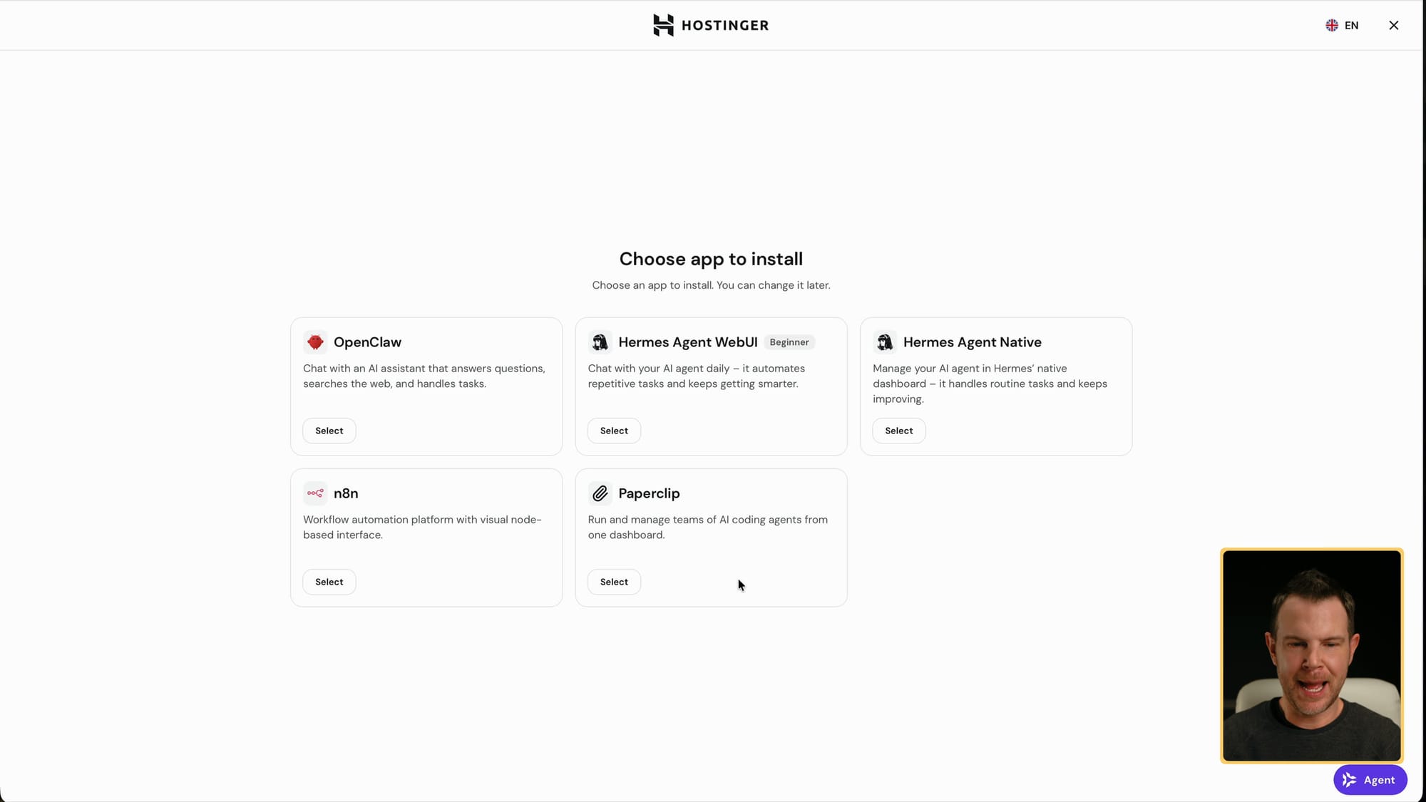 Choosing an app to install: OpenClaw, Hermes Agent WebUI or Native, n8n and Paperclip