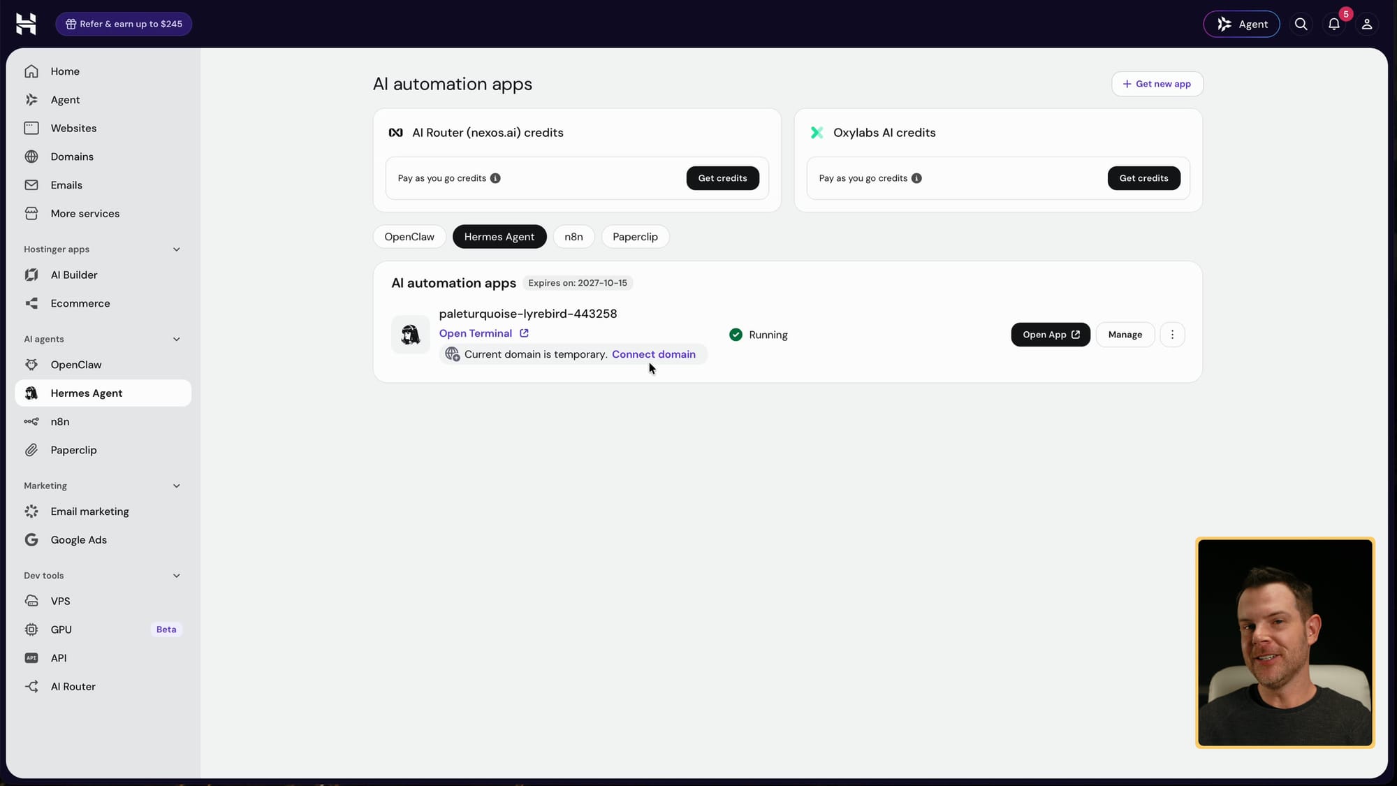 My Hermes Agent running in Hostinger's AI automation apps
