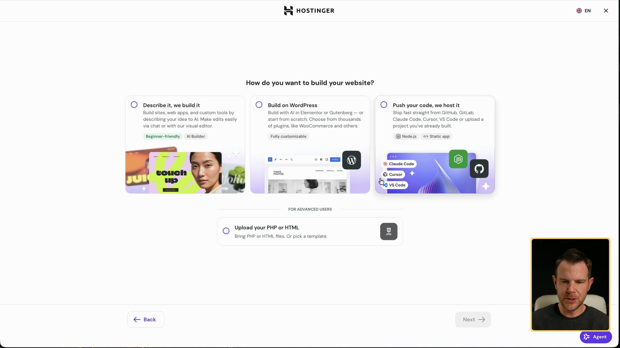 Hostinger's three ways to build: AI Builder, WordPress or host your own code