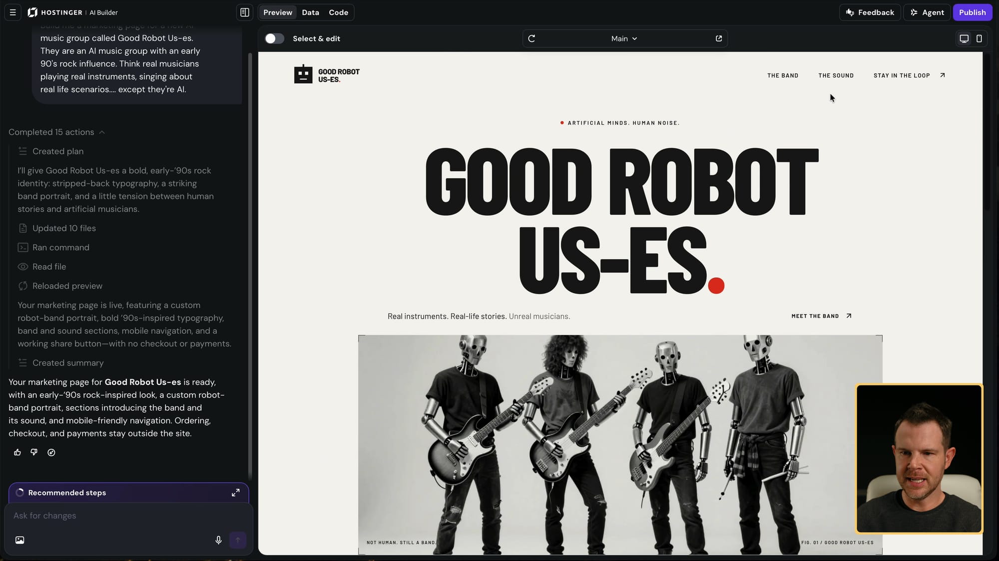 The finished Good Robot Us-es site next to the AI Builder chat