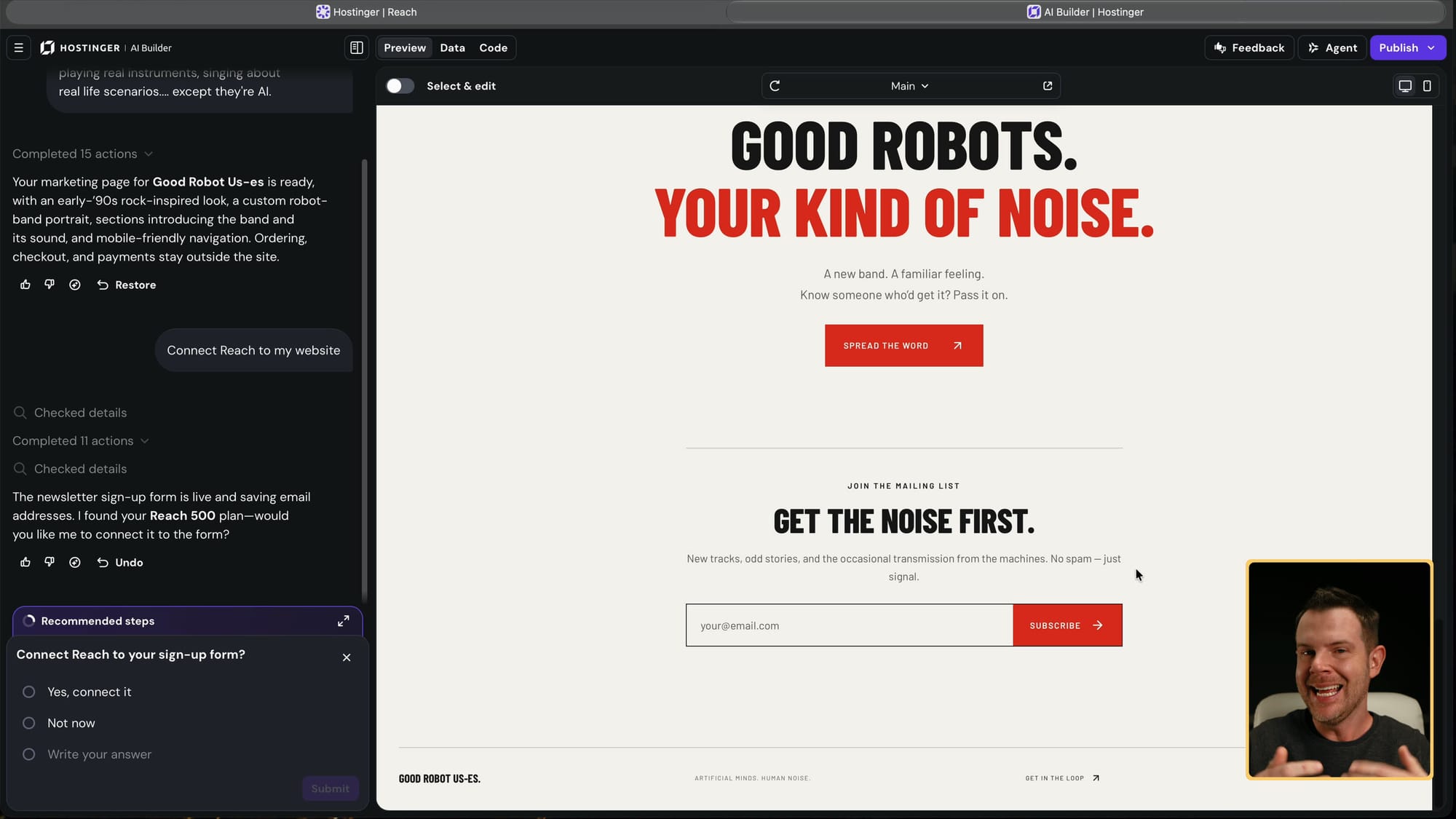 AI Builder offering to connect Reach to the site's signup form