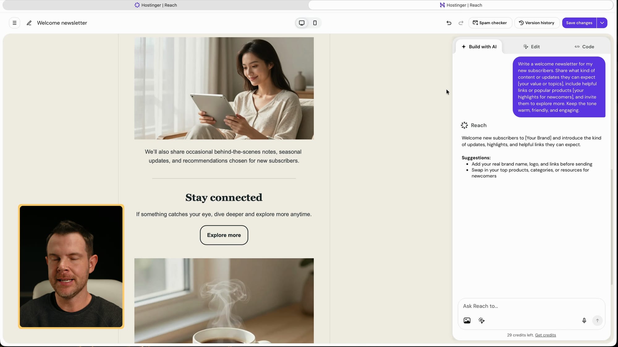 Editing a welcome email in Reach, with the AI panel on the right