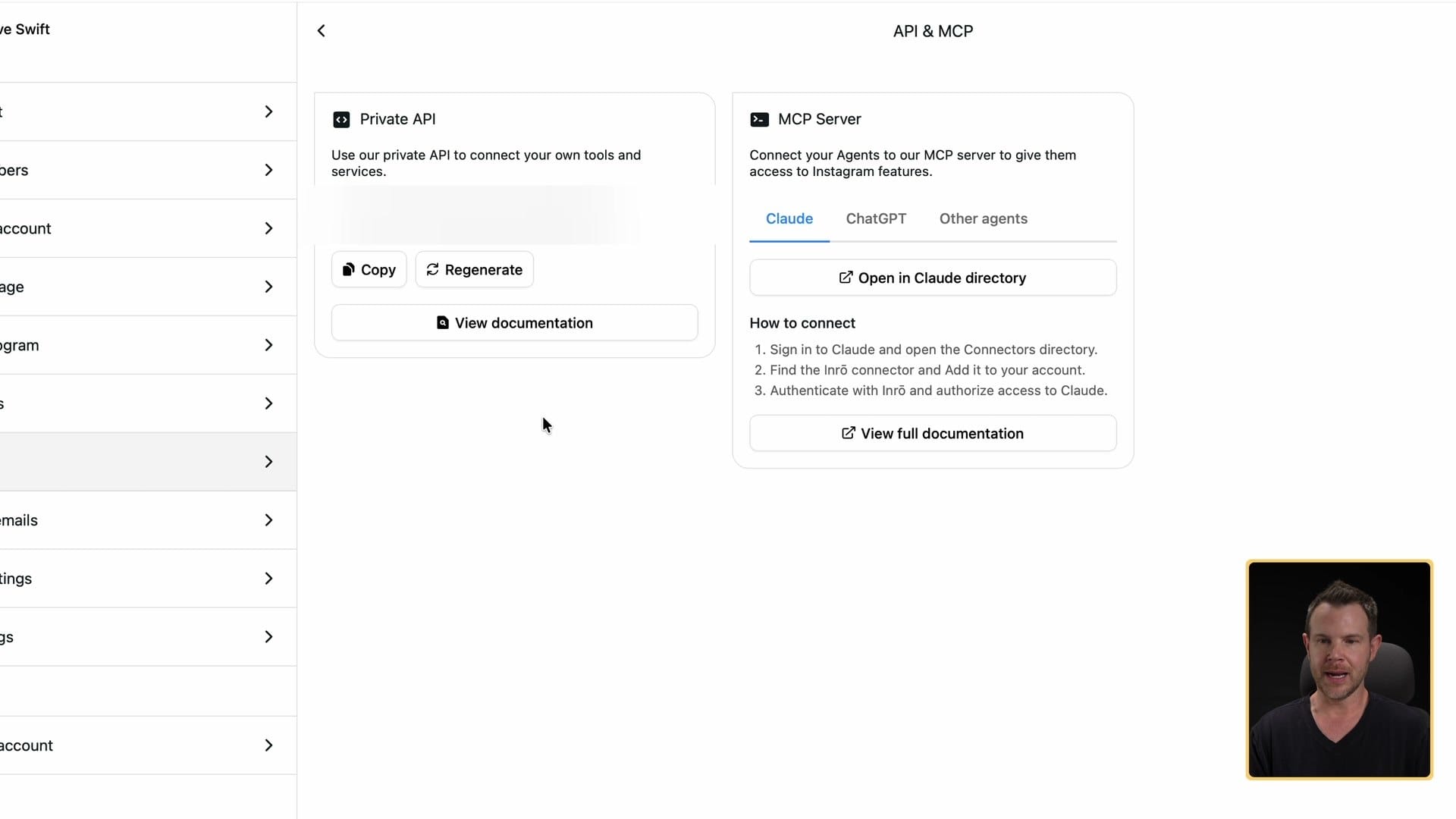 Settings: API and MCP server (my API key is blurred)