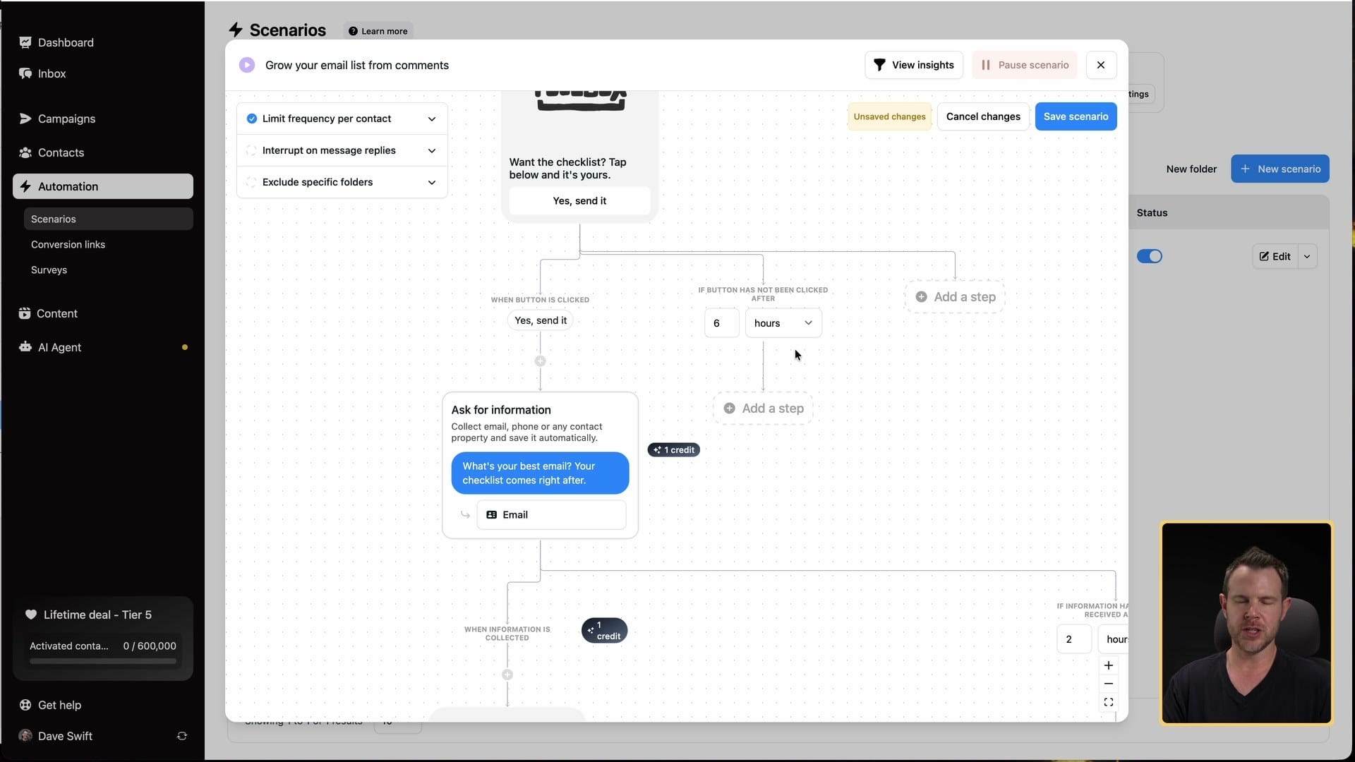 The scenario builder: DM with a button, then ask for an email