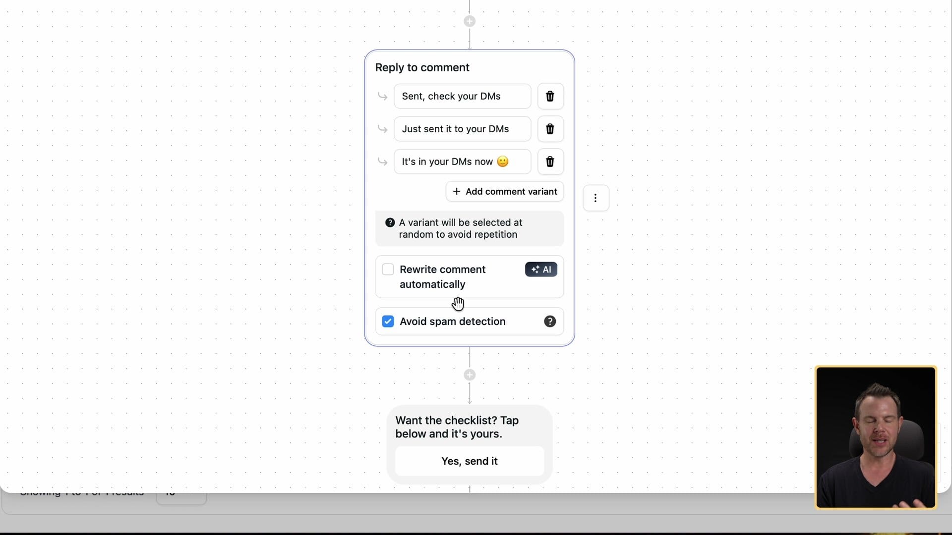Three comment-reply variants, plus the AI rewrite option