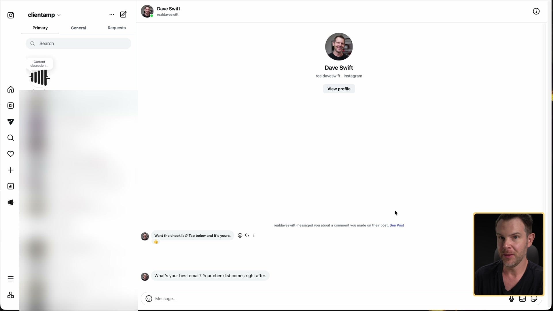 On Instagram web, the DM arrives with nothing to tap
