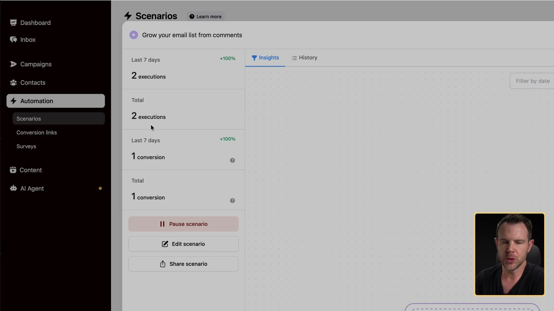 Scenario insights: 2 executions, 1 conversion