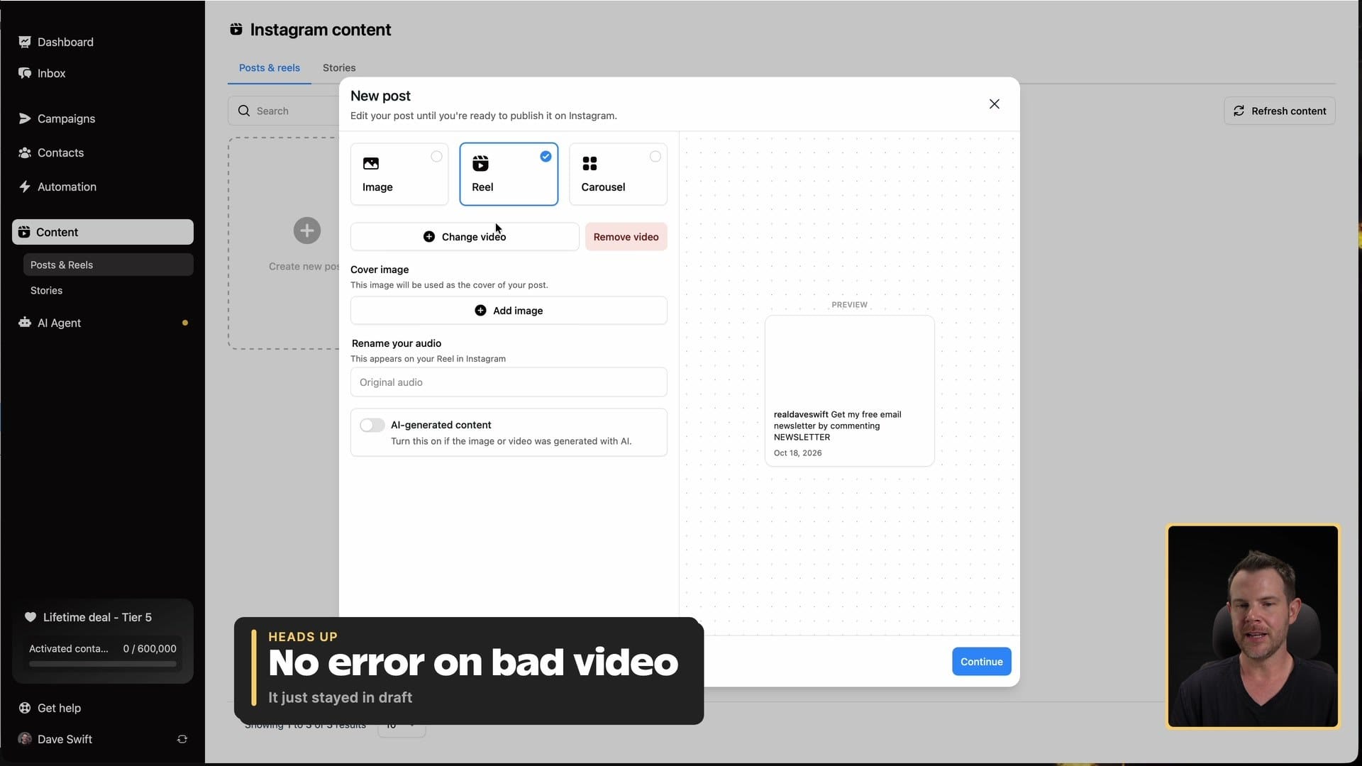 No error on a bad video: it just stayed in draft