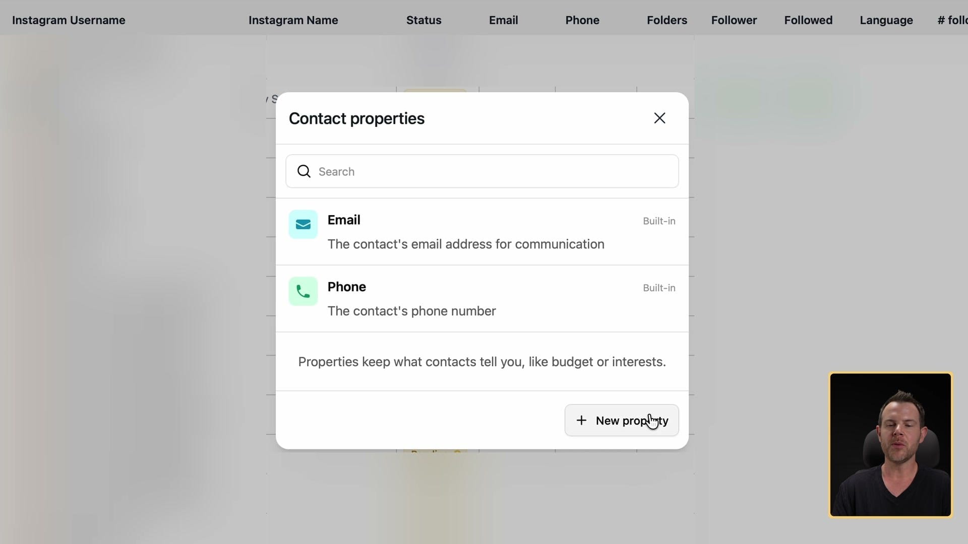 Contact properties: store email, phone and your own fields