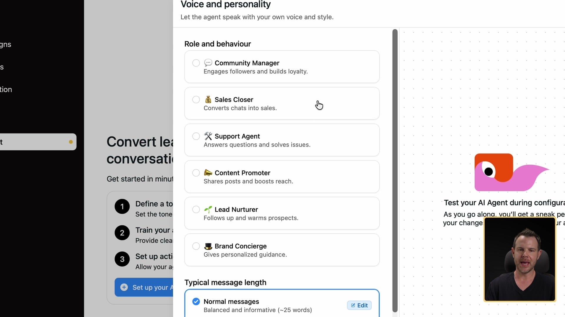 Setting up the AI agent: pick a role