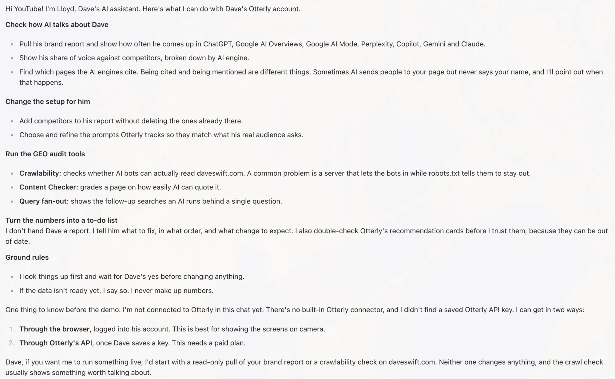 AI agent chat explaining what it can do with an OtterlyAI account