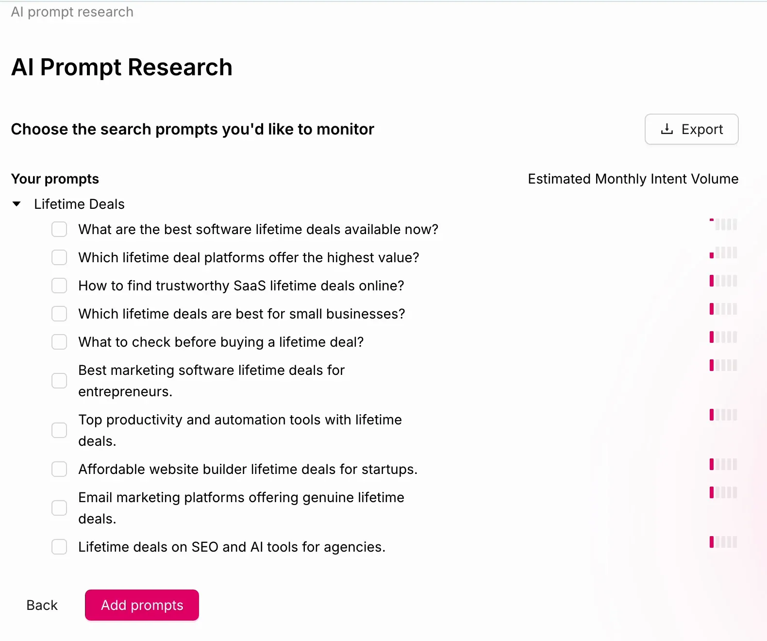 OtterlyAI AI Prompt Research results suggesting prompts to track for the keyword lifetime deals
