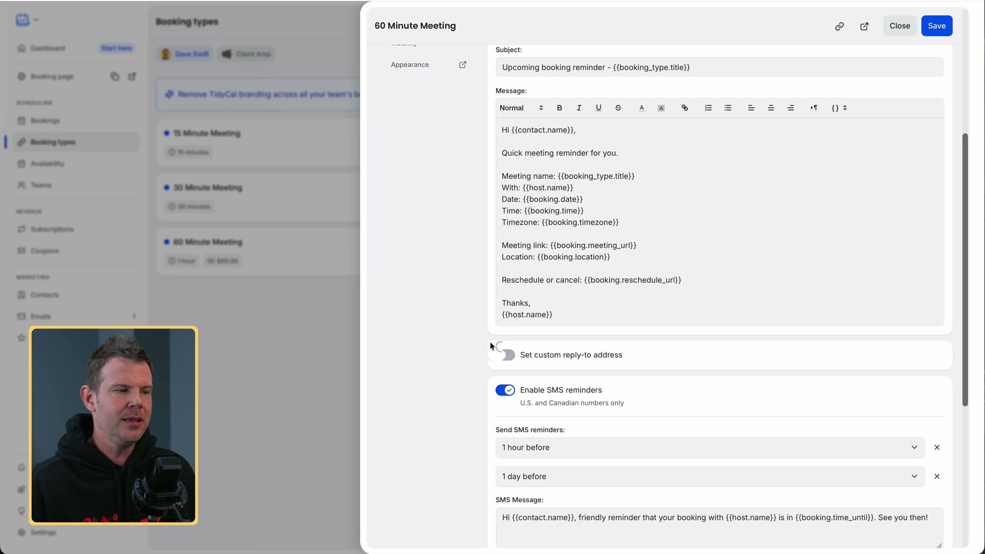 SMS reminders: up to two per booking type