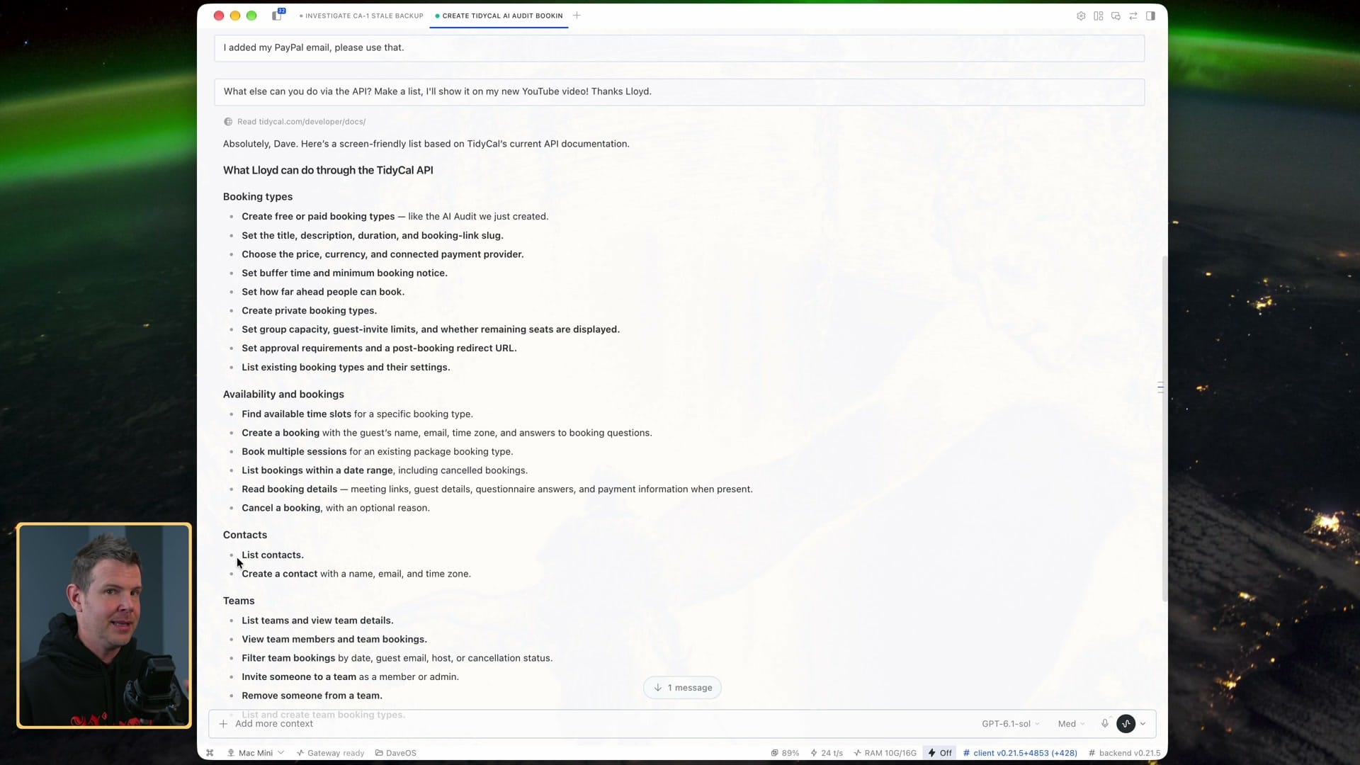 My agent's list of what the TidyCal API can do