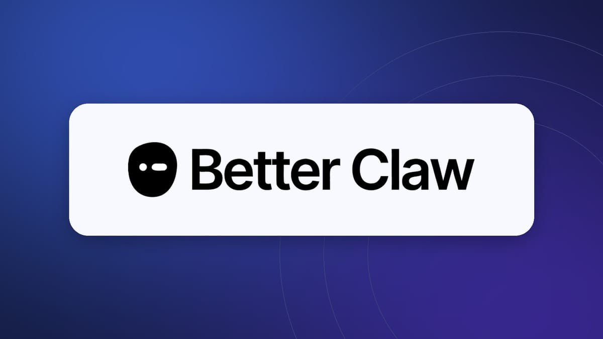 Official BetterClaw logo on a light panel over a blue and violet graphic background.