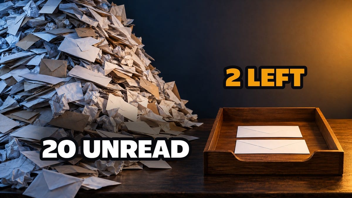 A towering pile of email next to a tray with two left