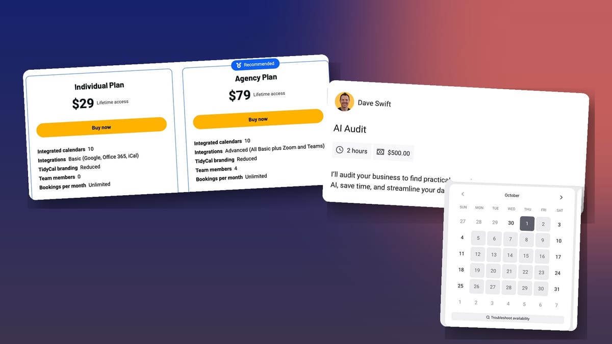 TidyCal Individual vs Agency plans and the $500 AI Audit booking page my agent created